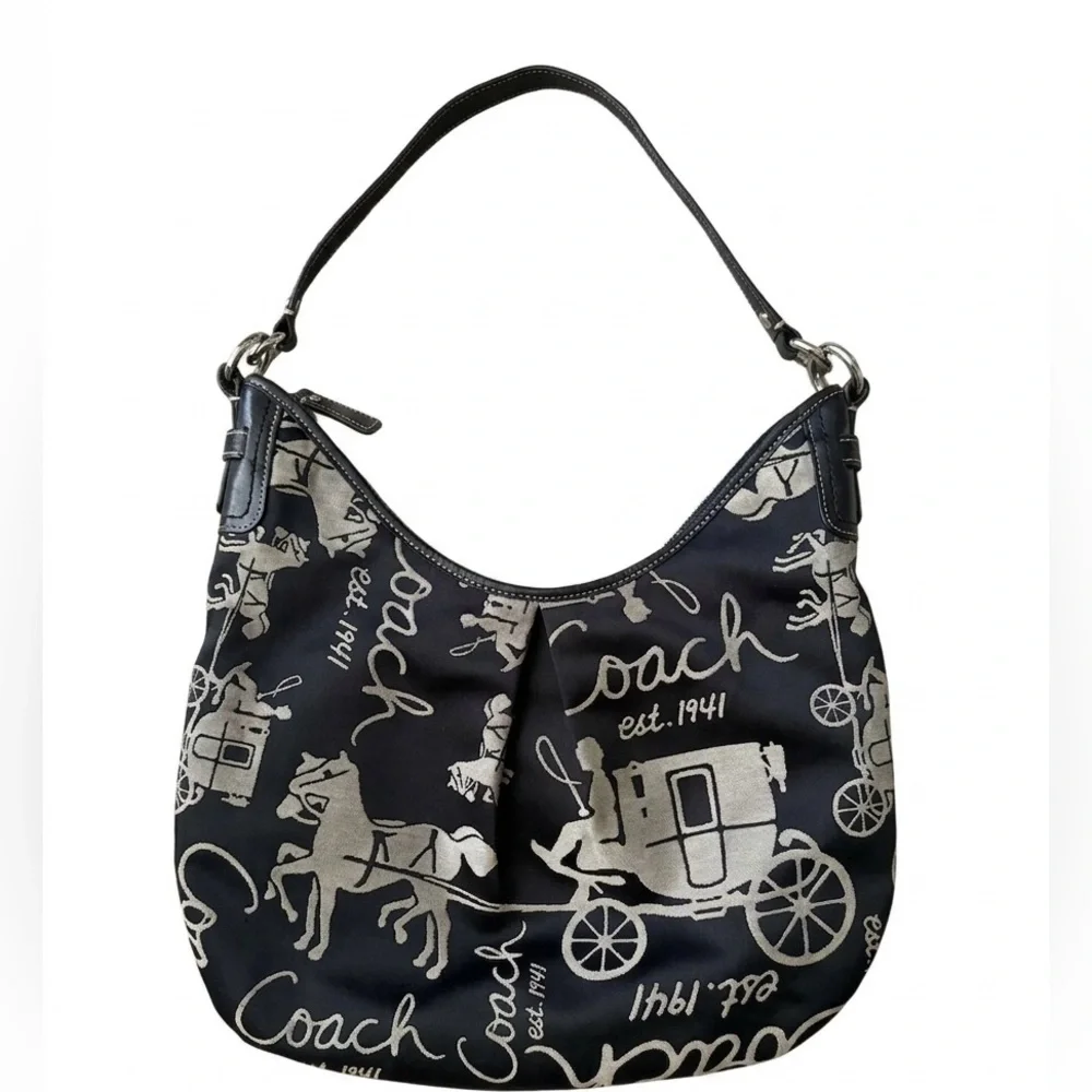 Vintage Coach Y2K Horse & Carriage Script Hobo Shoulder Bag Black Silver